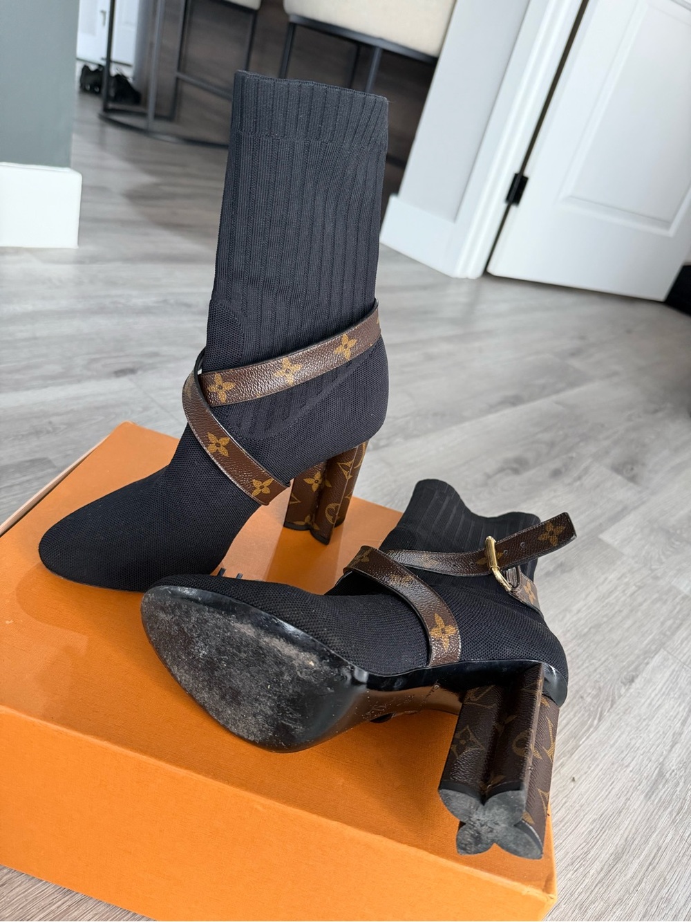 Louis Vuitton Black Sock Boot with Brown Monogram Strap - Picture 3 of 3